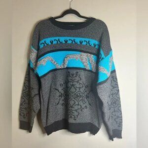 Vintage Nino Foriero Gray and Blue Abstract Crew neck Sweater, eclectic grandpa